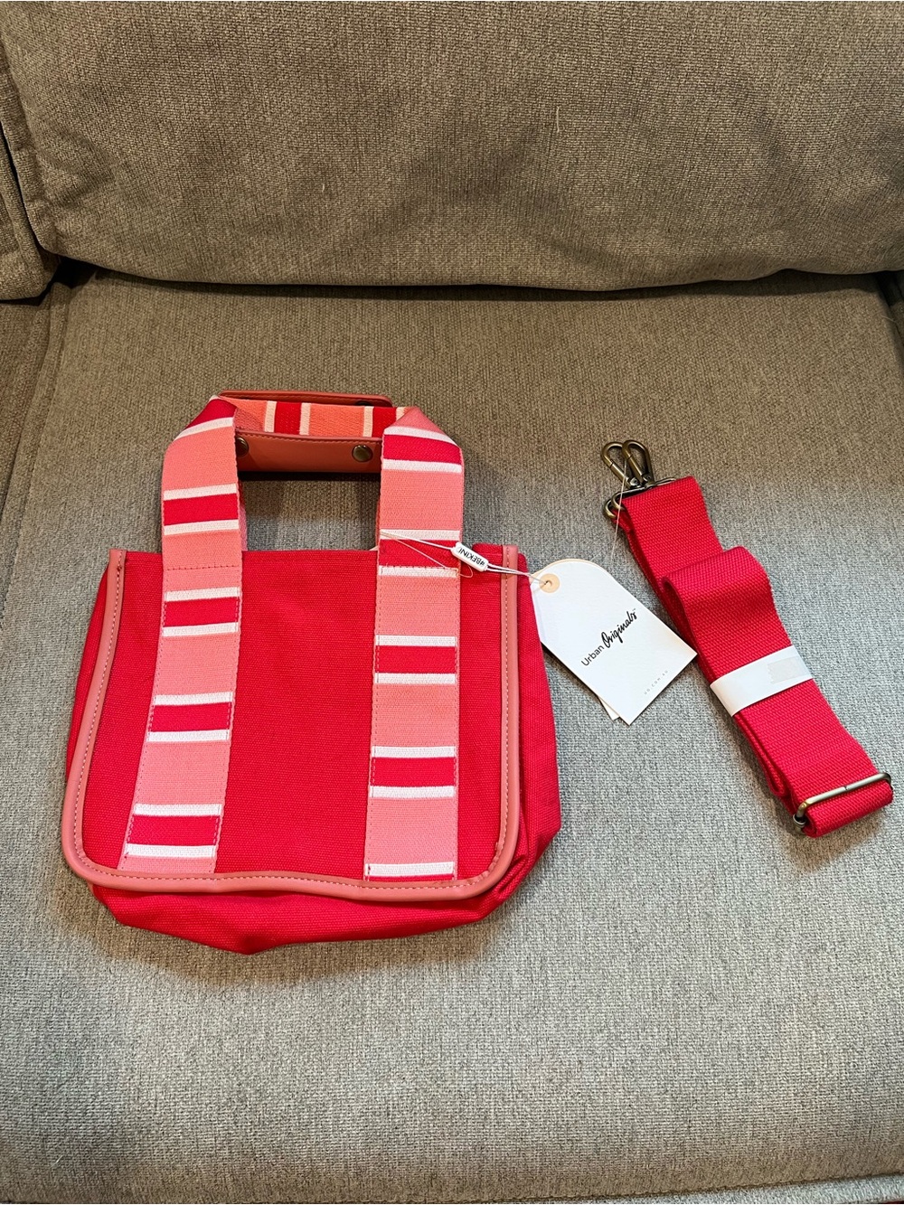 Urban Originals x Anthropologie Striped Pink and Rose Tote with Solid Red Body